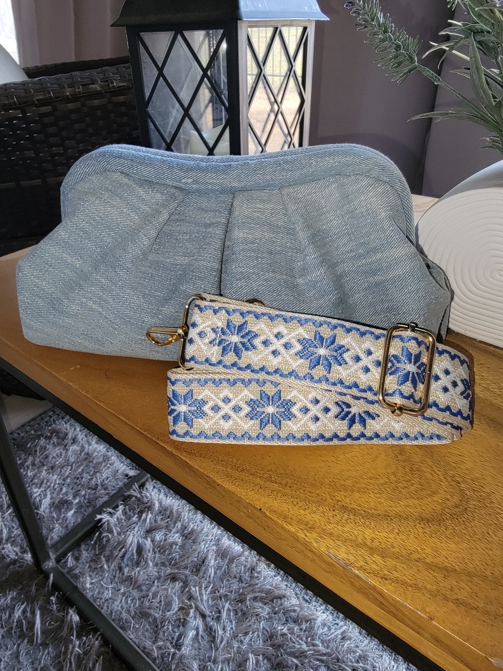 Light Blue Denim Cosmetic Pouch with Embroidered Removable Strap